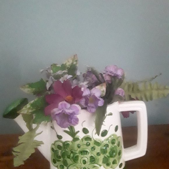 Vintage Ceramic Watering Can Planter with Raised Floral Motif and Silk Flowers - Picture 1 of 6